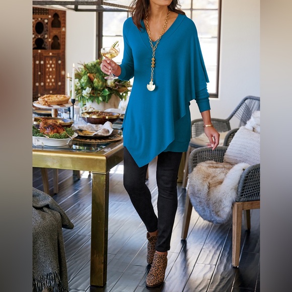 Soft Surroundings Madeline Asymmetric V-Neck Lagenlook Blue Tunic - Picture 1 of 15
